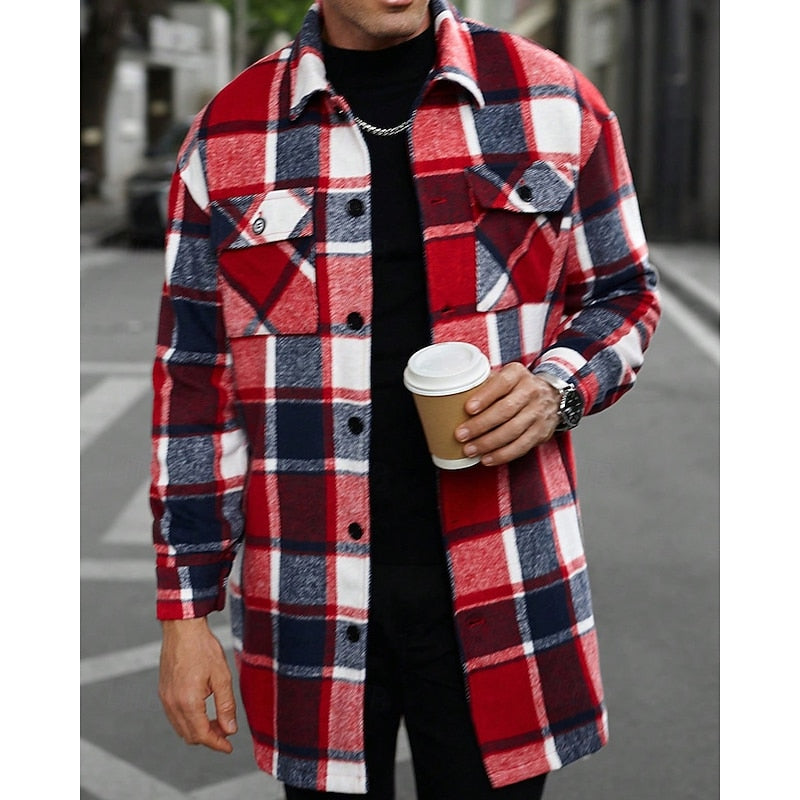 Men's Button-Front Checked Shirt Jacket with Pockets