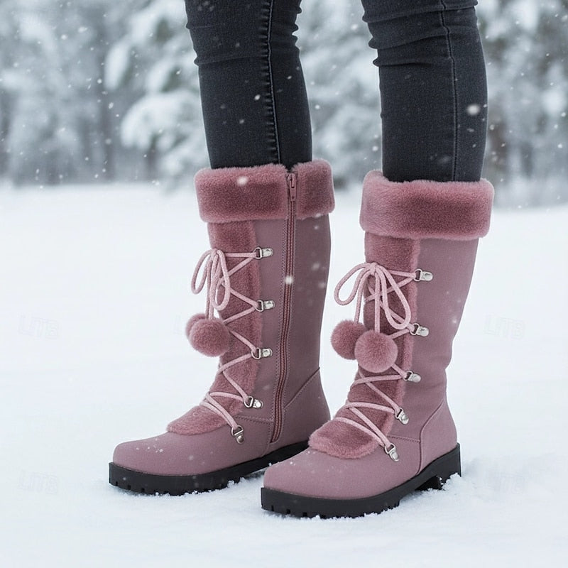 Women's Mid-Calf Winter Boots with Fur Collar and Laces