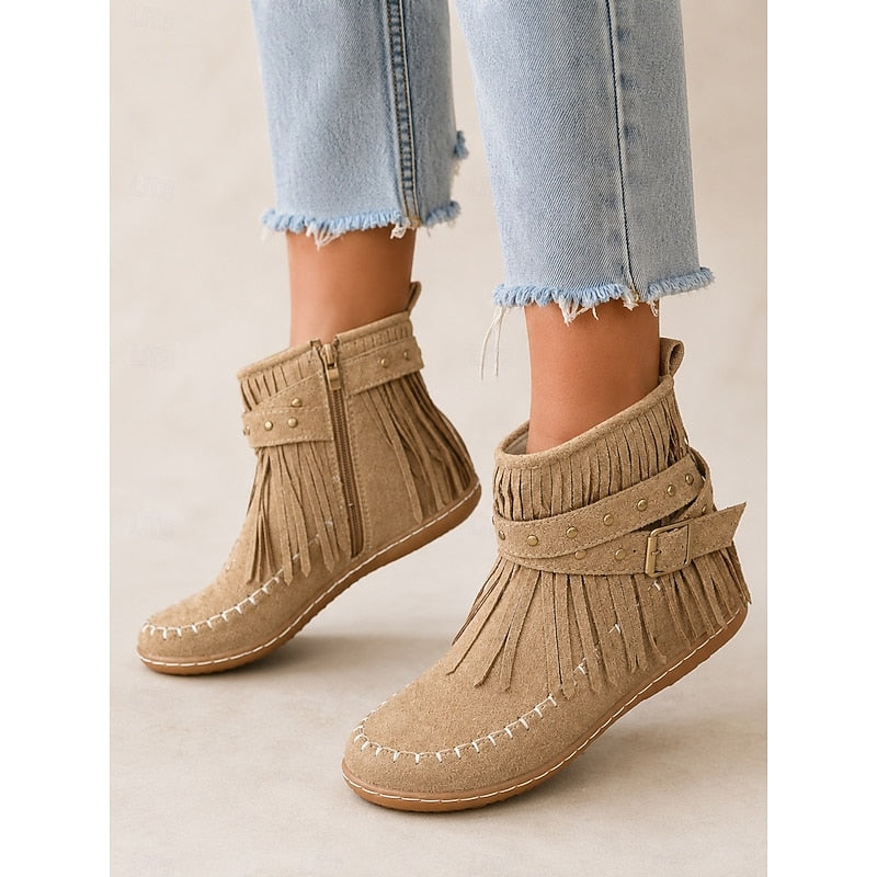 Women's Western Inspired Moccasin Style Ankle Boots with Fringe