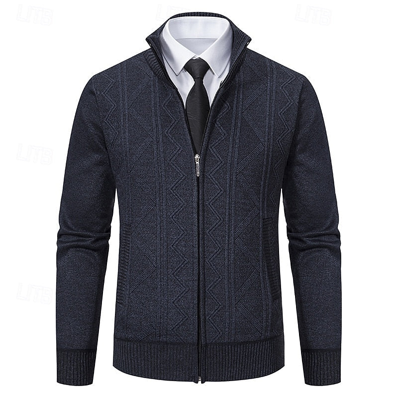 Men's Windproof Neckline Textured Knit Zip-Front Cardigan