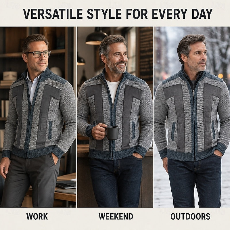 Men's Pocketed Zip-Up Lined Blocked Knit Cardigan Coat